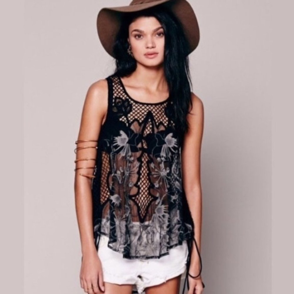 Free People Festival Embroidered Mesh Tank Top S